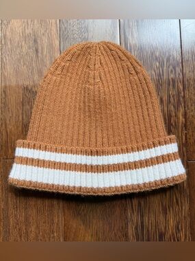 Kids Kids Ribbed Knit Beanie Hat - Brown with White Stripes